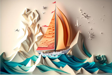 An AI generated illustration of an origami sailboat with beautiful wavesの素材