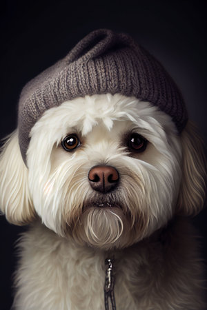 An AI generated illustration of the portrait of the dog with a winter hat in the dark background.の素材
