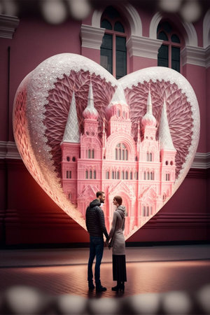 An AI-generated illustration of a couple with a big heart in front of them with a castle inside.の素材