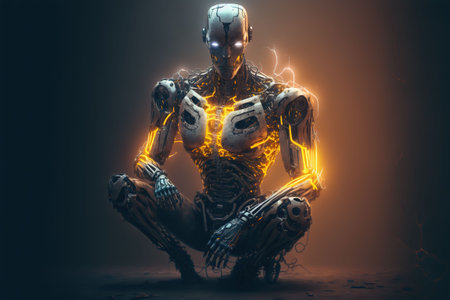 An AI generated illustration of robot evolution of artificial intelligence with exposed circuitsの素材