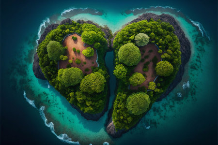 An AI generated scenic tropical island surrounded by water and large lush green in heart shapeの素材