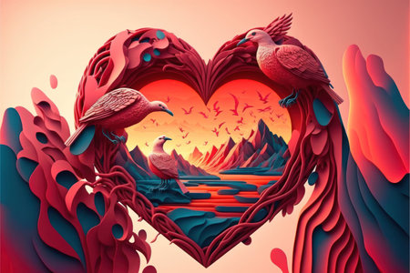 An AI generated illustration of heart shape formed with colorful natural elementsの素材