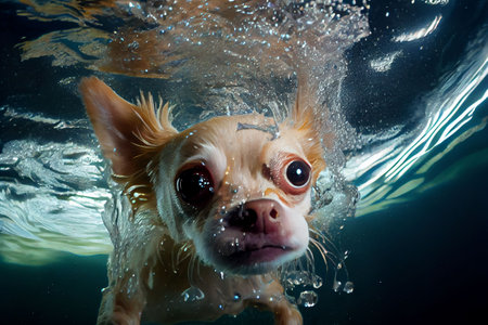 An AI generated illustration of chihuahua swimming in waterの素材