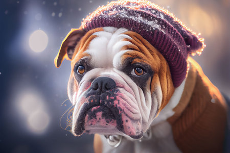 An AI generated portrait of an adorable English Bulldog in a cozy hat under the snowの素材
