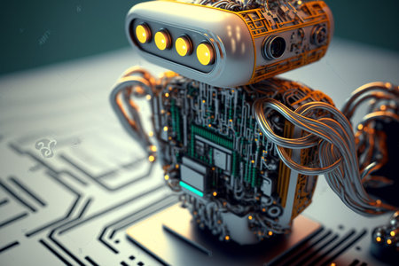 An AI generated illustration of a robot with longs arms on a circuit boardの素材