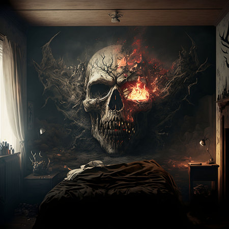 An AI-generated illustration of the scary skull on the wall of the bedroomの素材