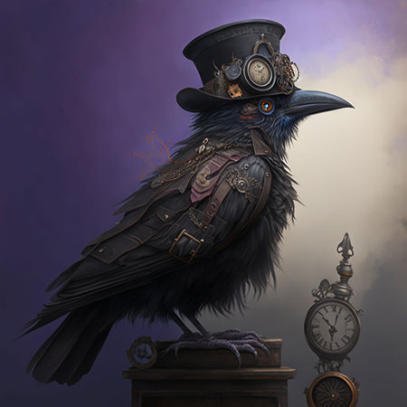 An AI generated illustration of a Steampunk Crow with a cab against purple wallの素材
