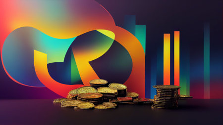 An AI generated illustration of a pile of gold Crypto coins on a colorful backgroundの素材
