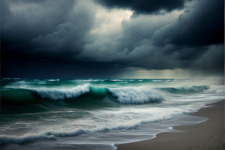 An AI generated illustration of the sea waves crashing at the shore on a mysterious stormy dayの素材