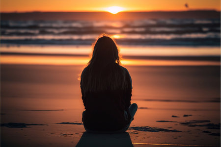 An AI generated illustration of a female silhouetted against the setting sun while lounging on beachの素材