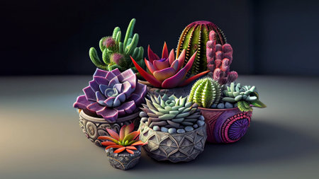 An AI-generated illustration of colorful succulent plants in pots on  a blurred backgroundの素材
