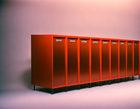An AI generated image of red metal chests arranged in a lineの素材