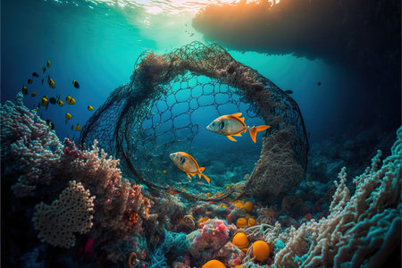 An AI generated illustration of fishing swimming underwater in polluted water with a netの素材