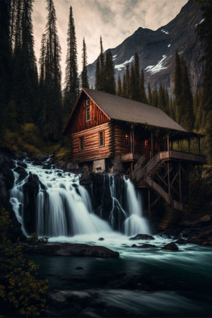 An AI generated illustration of a wooden cabin situated in a stunning natural landscape, with a babbling waterfall and dark wood trims around itの素材