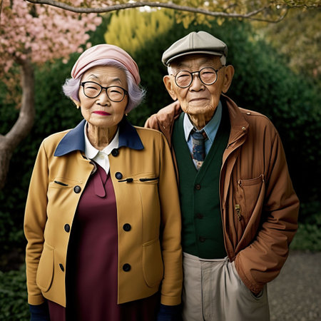 An AI-generated illustration of a happy elderly couple walking by a park in springの素材
