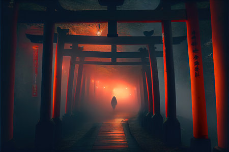 An AI generated illustration of a monk's silhouette at a Japanese shrine at night - a religious conceptの素材