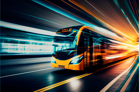 An AI generated illustration of a long exposure bus in colorful lightsの素材