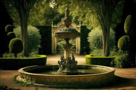 An AI generated illustration of a fountain in a beautiful green gardenの素材