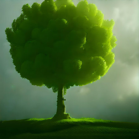 An AI generated illustration of a lonely green oak tree in the fieldの素材