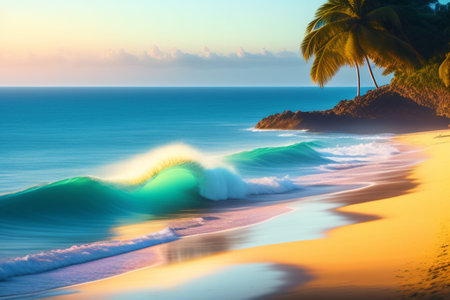 An AI generated illustration of A stunning tropical beach with swaying palm trees at the shoreline illuminated by the golden sun at the horizonの素材