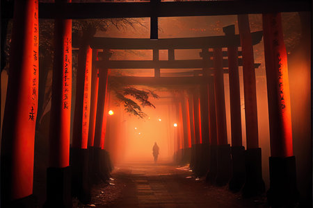 An AI generated illustration of a monk's silhouette at a Japanese shrine at night - a religious conceptの素材