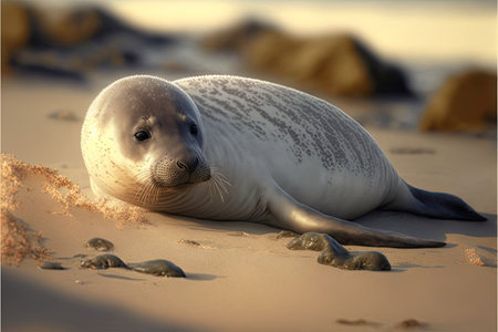 An AI generated illustration of an adorable sea lion on the beachの素材