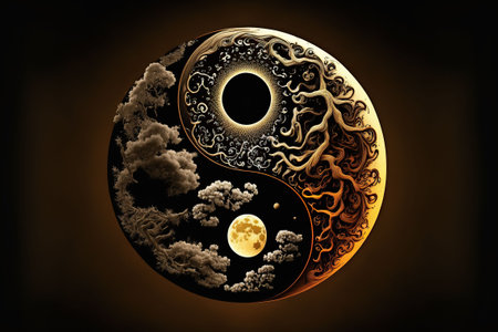 An AI generated illustration of yin yang symbol with moon and clouds on a dark backgroundの素材