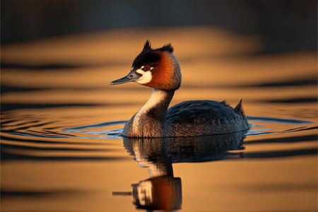 An AI-generated illustration of a bird floating in a tranquil pond at sunsetの素材