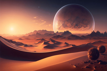 An AI generated illustration of the sun shining brightly on an alien planet surrounded by mountains and desertの素材
