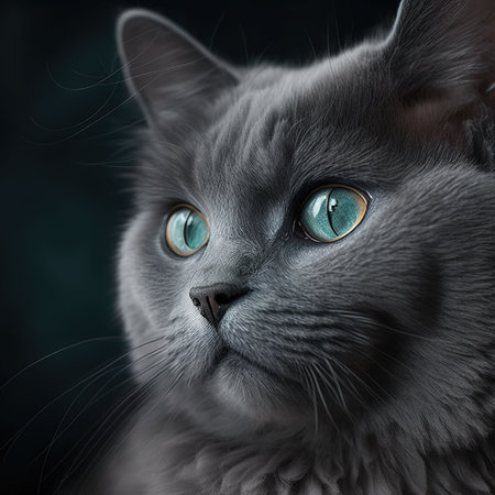 An AI-generated illustration of a gray cat with green eyes and a black backgroundの素材
