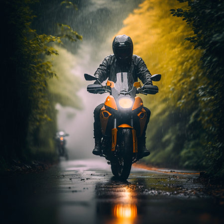 An AI generated illustration of a motorcyclist riding a motorcycle along a wet and rainy streetの素材