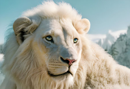 An AI generated illustration of a majestic white lion under the sunlight with a blurry backgroundの素材