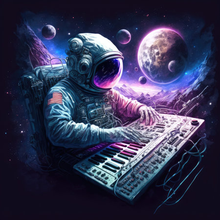 An AI generated illustration of an astronaut using technology board in the universeの素材