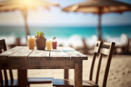 An AI generated illustration of a beach scene featuring wooden tables and chairs on a sunny dayの素材