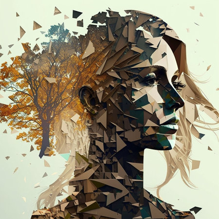 An AI generated illustration of female face separated with treeの素材