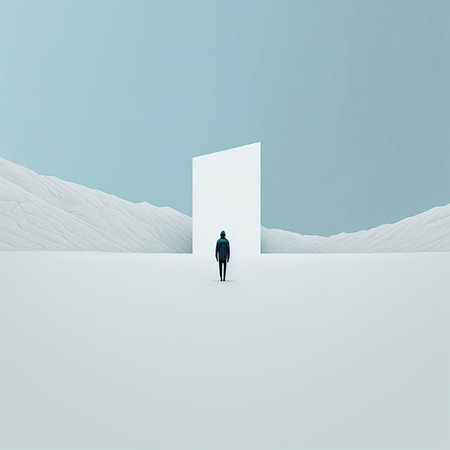 An AI generated illustration of a silhouette of a man standing in front of a white door in a wildernessの素材