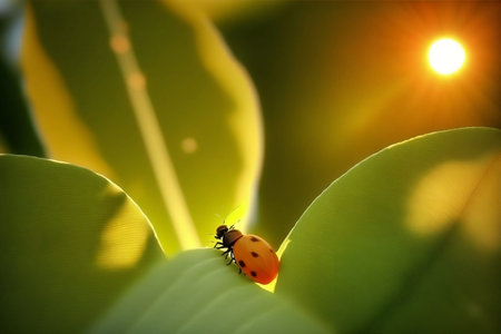 An AI-generated illustration of a ladybug on a green leaf.の素材