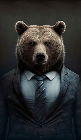 An AI-generated illustration of a bear in a business suit against a dark backgroundの素材