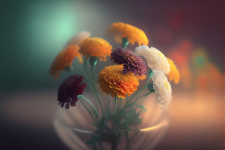 An AI generated illustration of Marigolds (Tagetes) in a jar isolated on blurred dark backgroundの素材