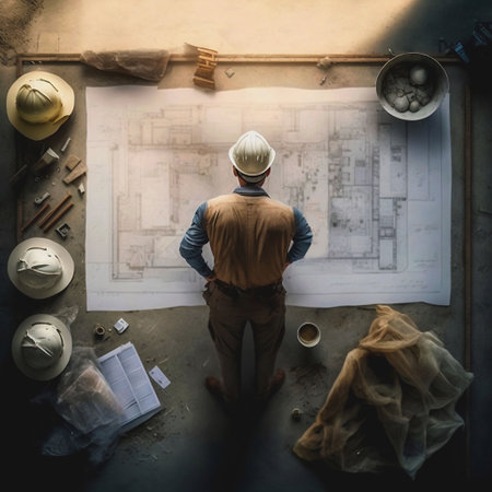 An AI generated illustration of AI generated illustration of an Architect overlooking building blueprintsの素材