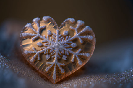 An AI generated illustration of a golden heart ornament with a sparkly snowflake designの素材