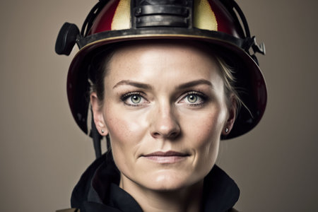 An AI generated illustration of a woman wearing a firefighter helmetの素材