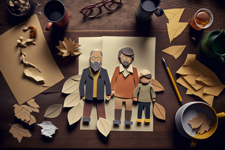 An AI generated illustration of two men with a child made from paper on a tableの素材