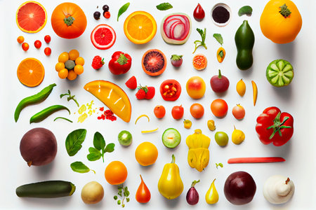 An AI generated illustration of fruits and vegetables variety on white backgroundの素材