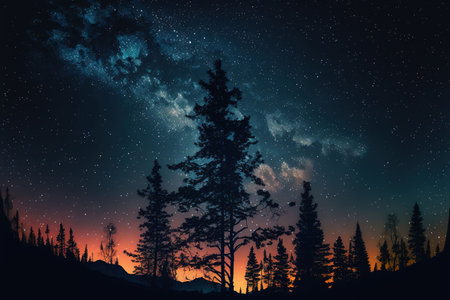 An AI generated illustration of starry night sky, magical galaxy over valley with treesの素材