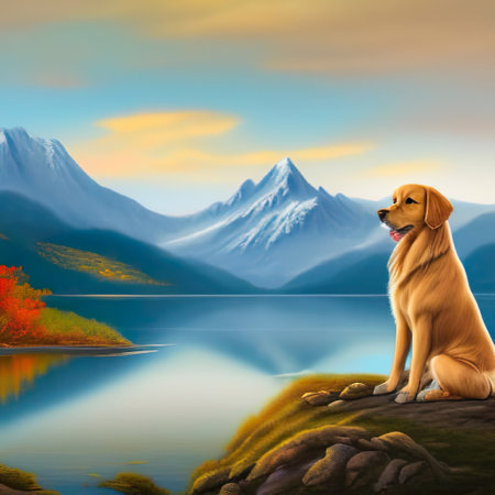 An AI generated illustration of a labrador retriever against a lake and mountainsの素材