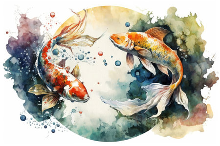 An AI generated illustration of fish with round-shaped watercolor isolated on white backgroundの素材