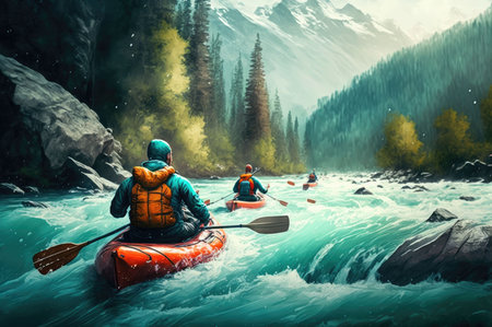 An AI generated illustration of people swim in kayaks on the river surrounded by rocksの素材