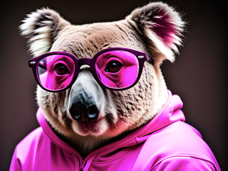 An AI generated illustration of a single koala dressed in a purple outfit with glasses onの素材
