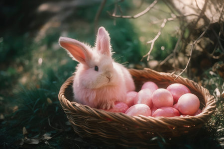 An AI generated illustration of an easter background with a rabbit and basket of colored eggs in the forestの素材